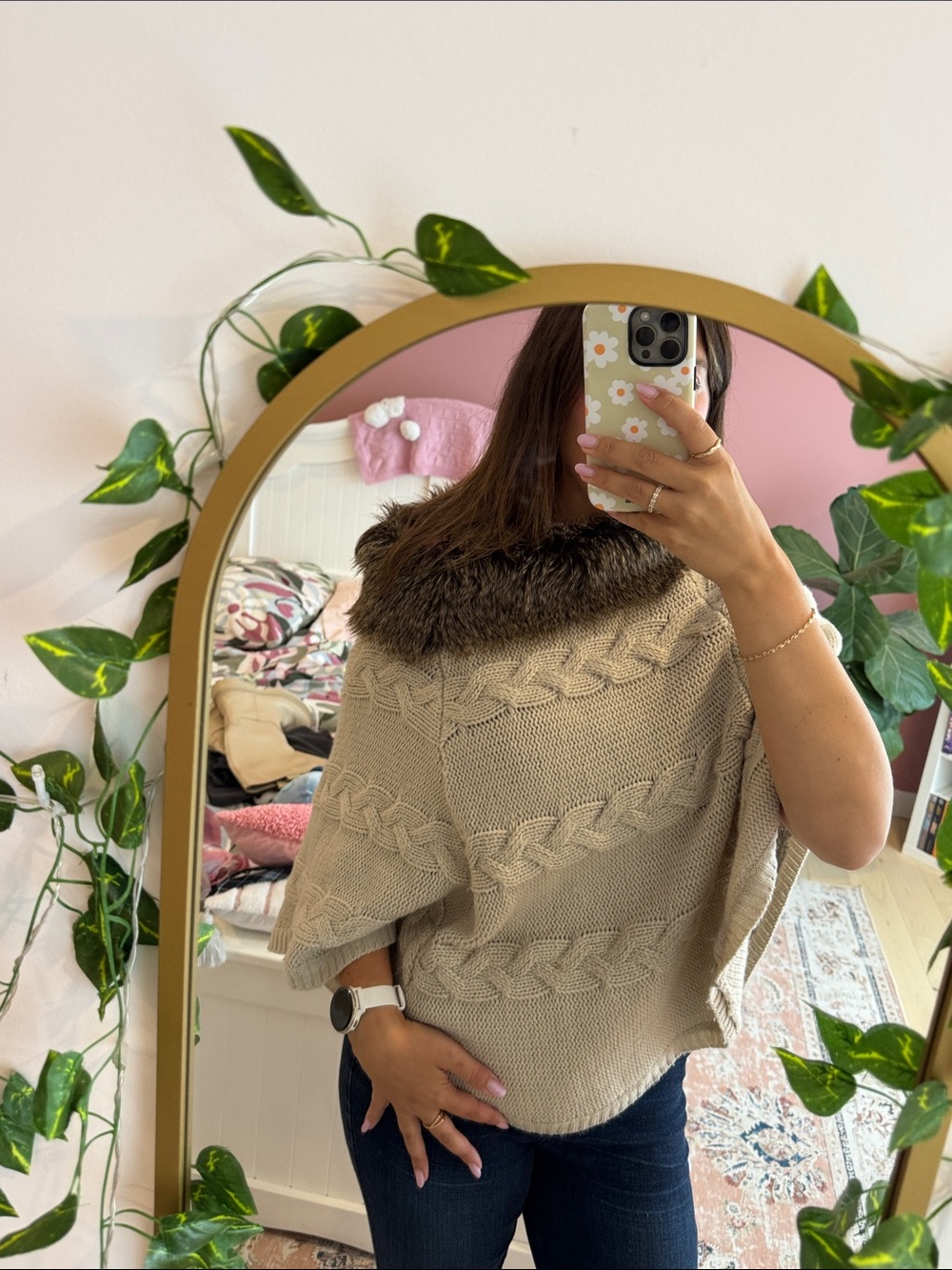 Women's Cream Cable-Knit Sweater Poncho with Faux Fur Collar